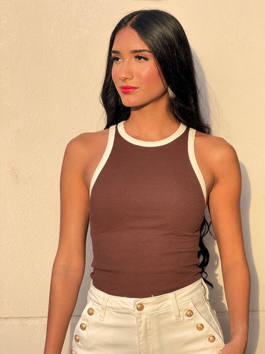 Olivia Brown/Beige Border Top