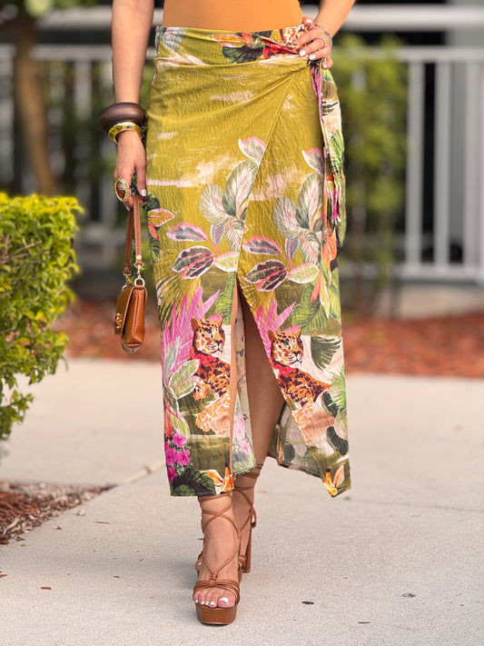 Giraffe Green Print Midi Skirt