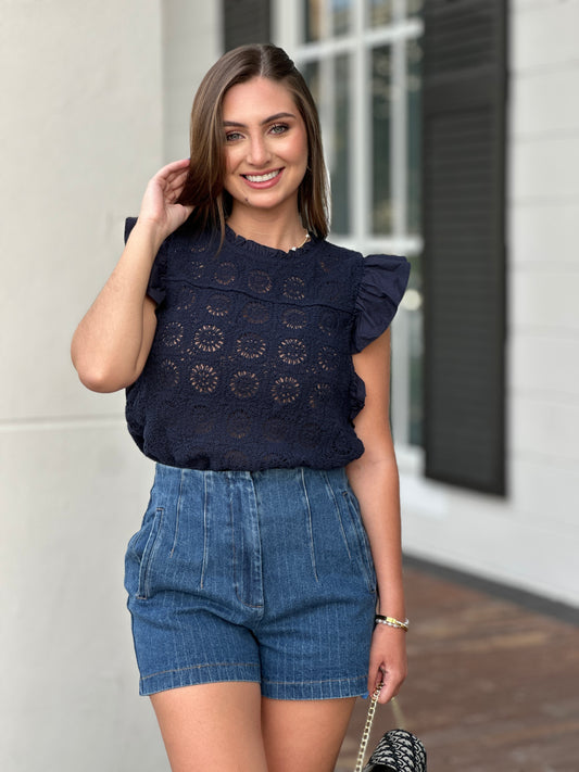 Skies Navy Torchon Ruffles Top