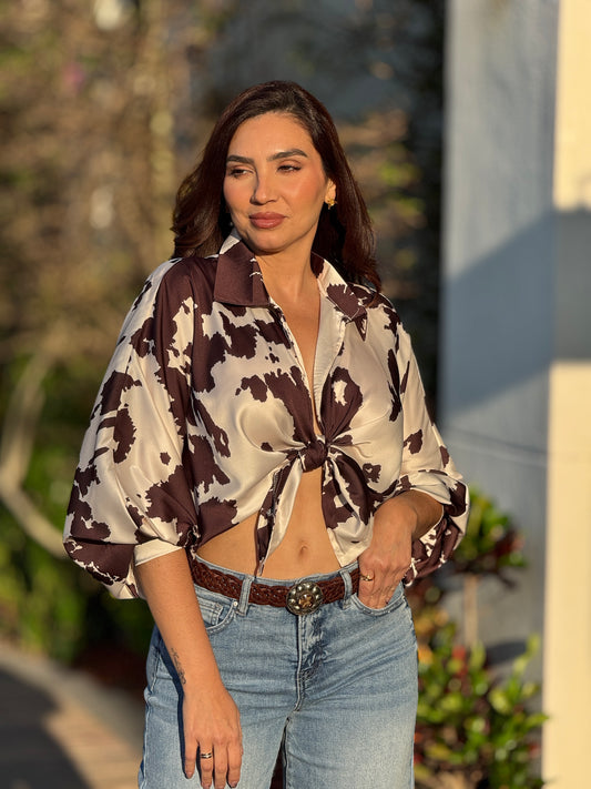Cow Brown Print Satin Shirt