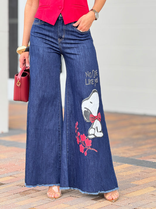 Cartoon Dark Denim Draw Wide Jeans
