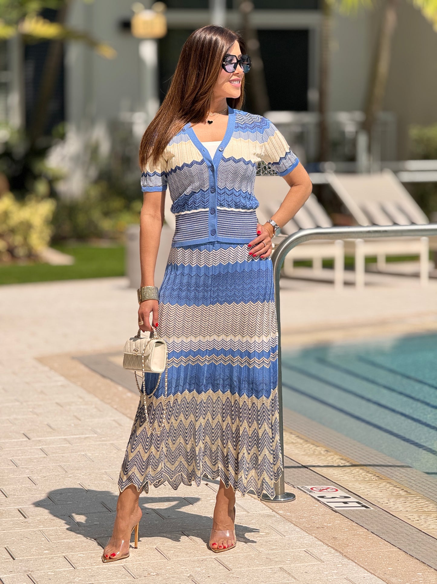 Creme Blue ZigZag Knit Set