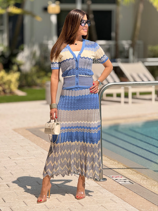 Creme Blue ZigZag Knit Set