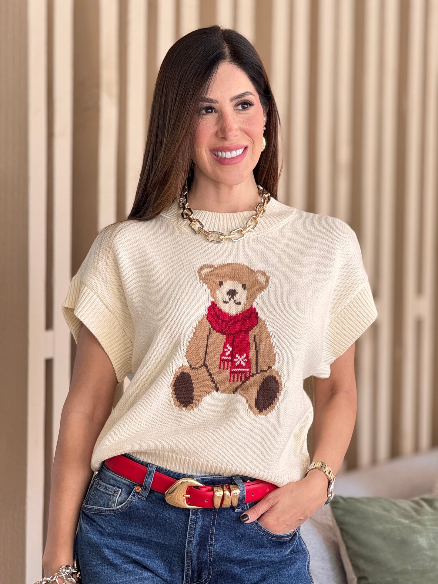 Beary Ivory (Red Scarf) Sweater Top
