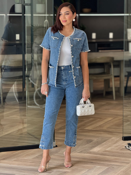 Monica Denim Pearls Set