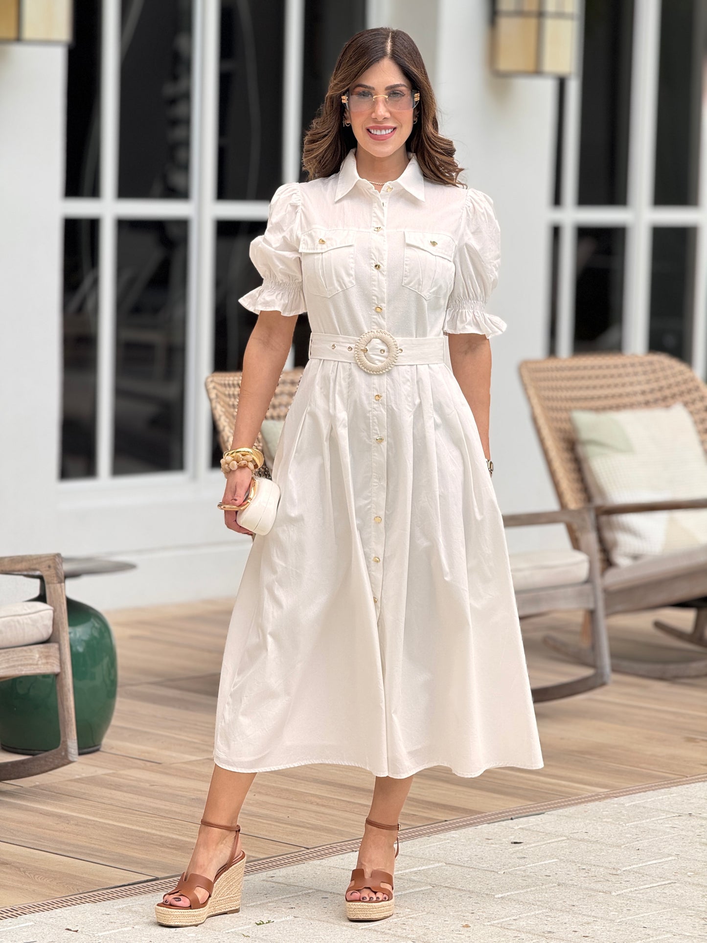 Peachy Ivory Gold Buttons Dress