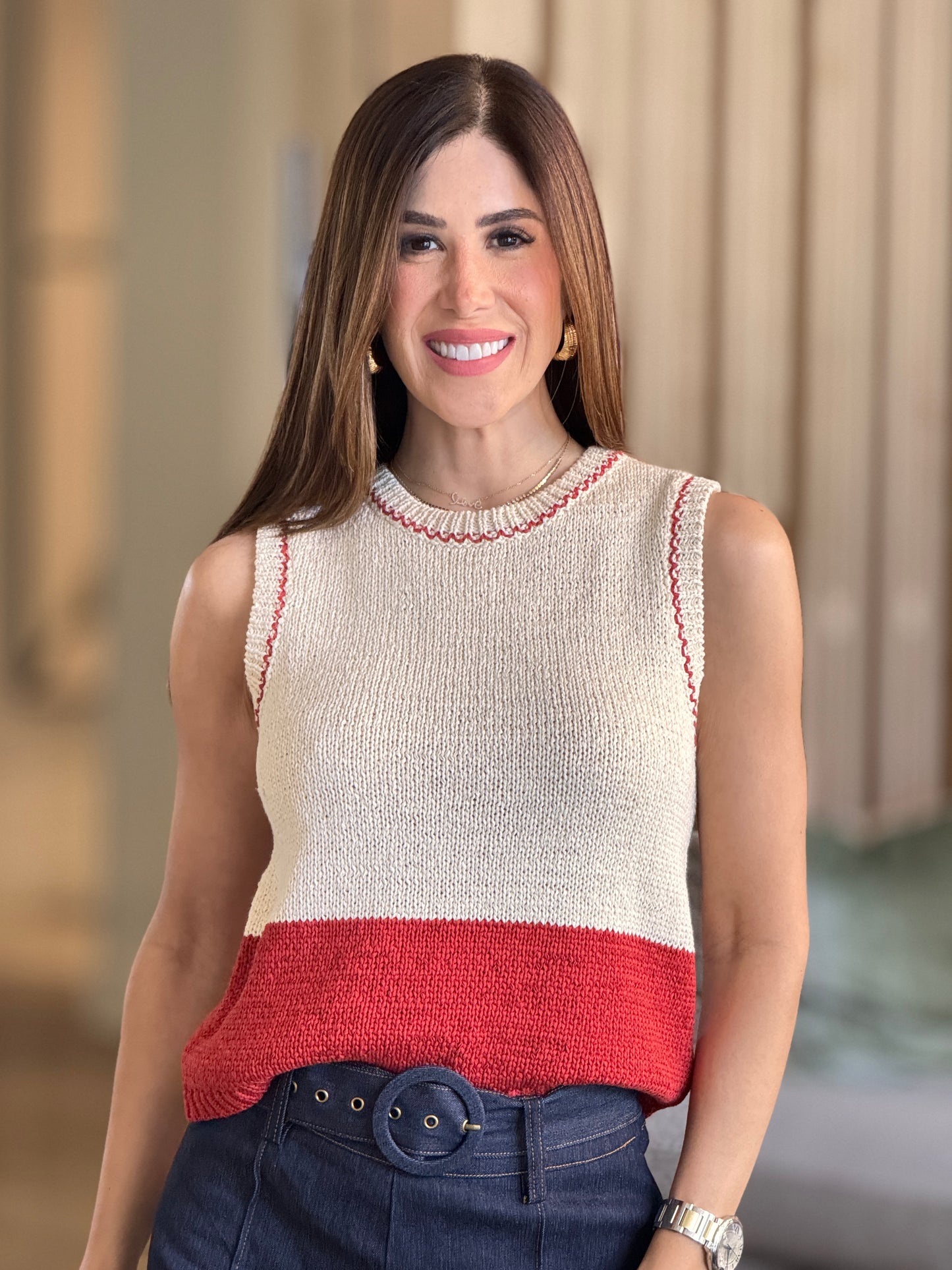 Miou Ivory/Red Knit Vest Top
