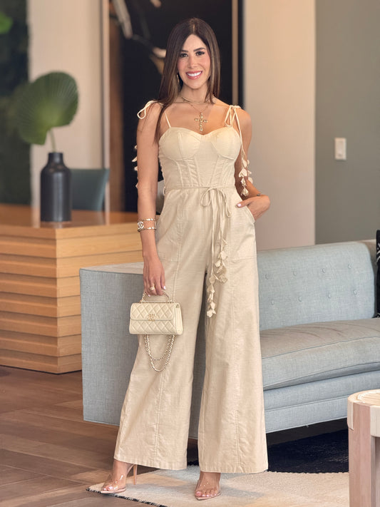 Chic Garden Beige Petals Jumpsuit