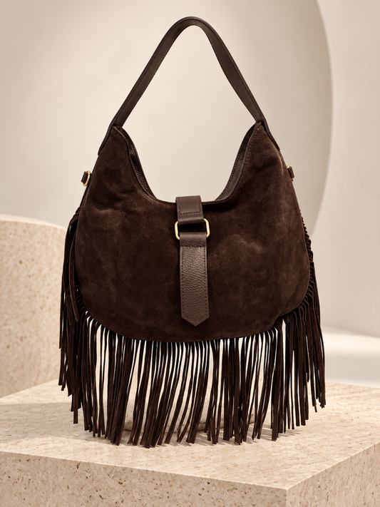 Italy Deep Brown Suede Fringe Bag