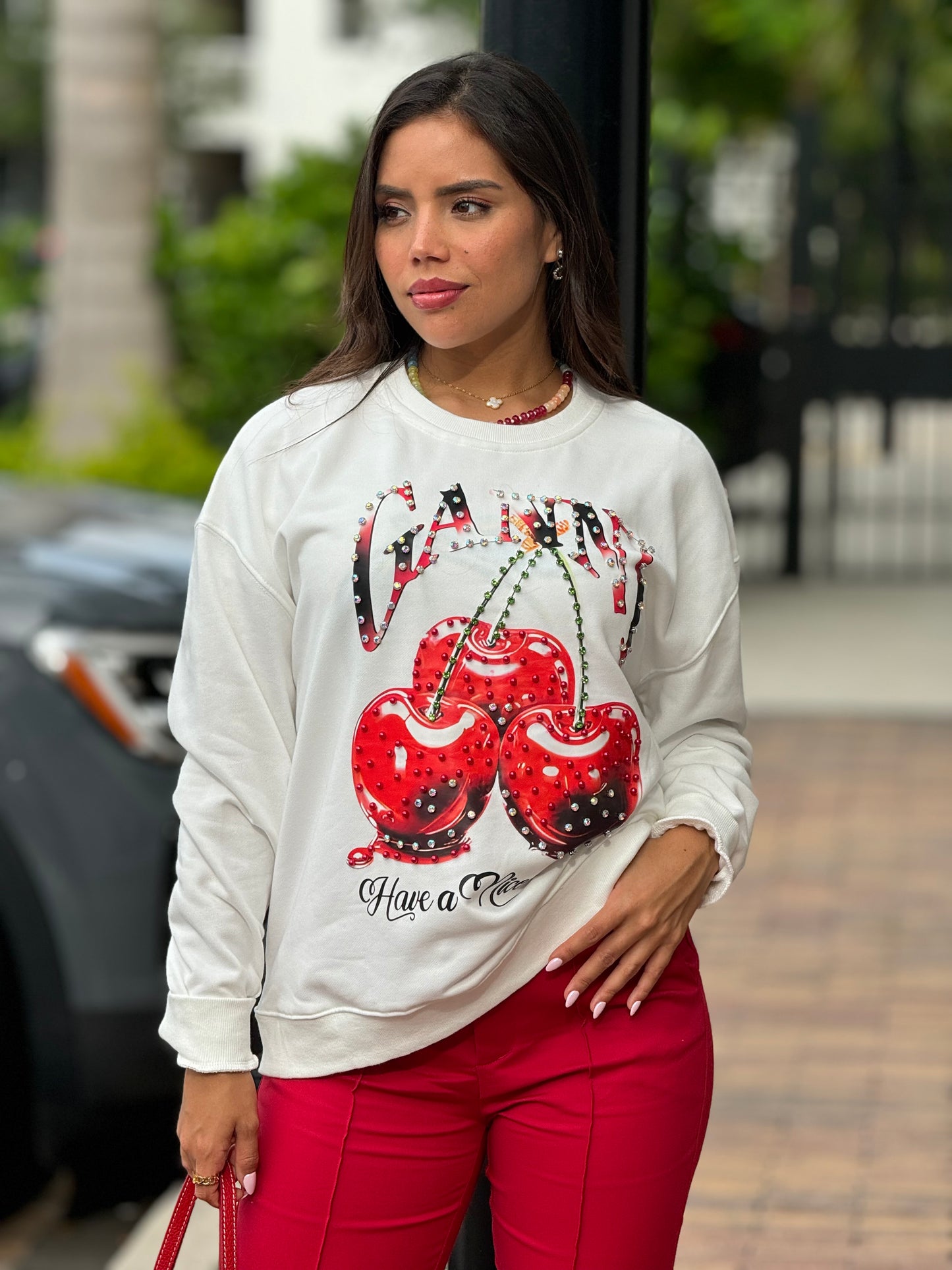 Cherries Rhinestone Oversized Sweater