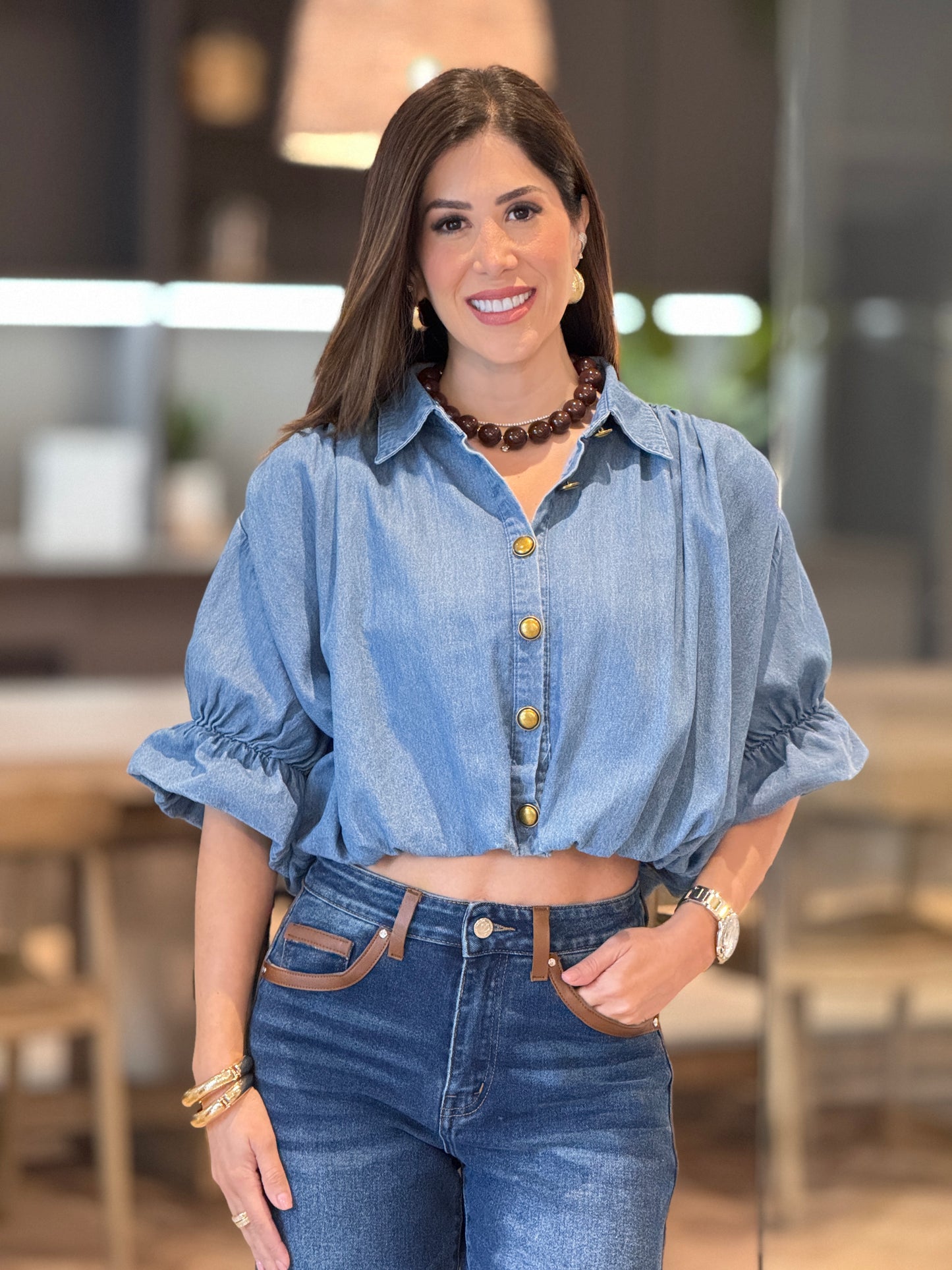 Itoo Blue Puffy Denim Top