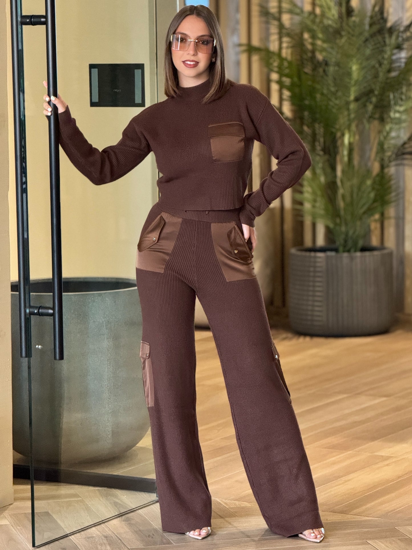 Rivera Brown Knitted/Satin Sport Set