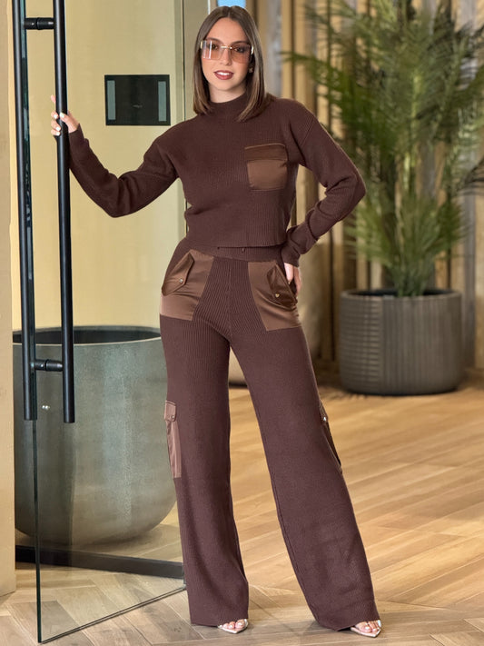 Rivera Brown Knitted/Satin Sport Set