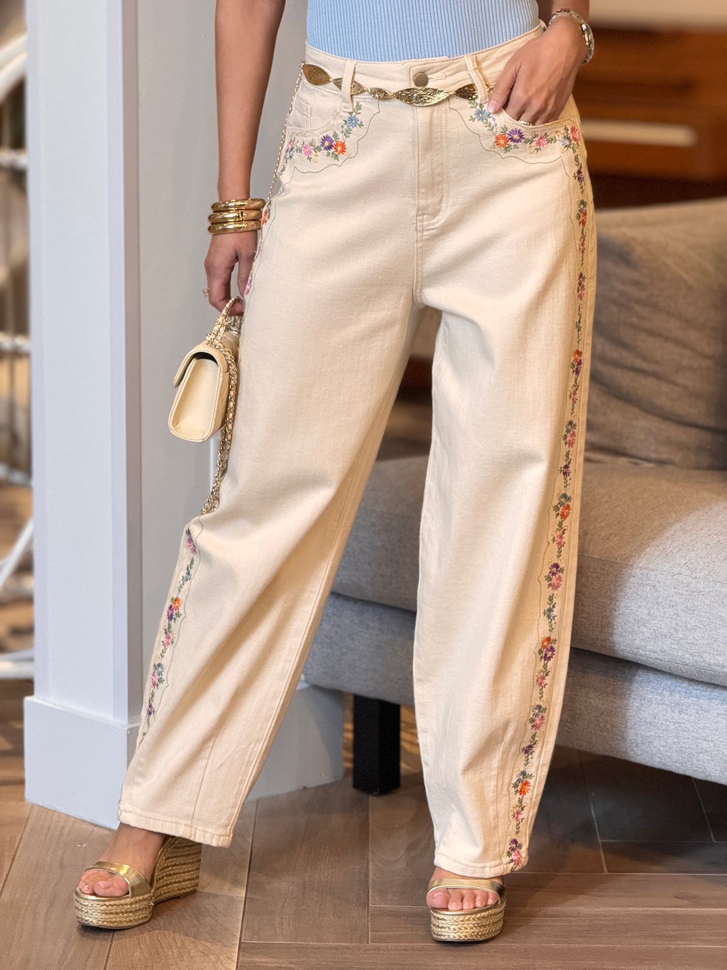 Blueish Beige Floral Embroidery Jeans