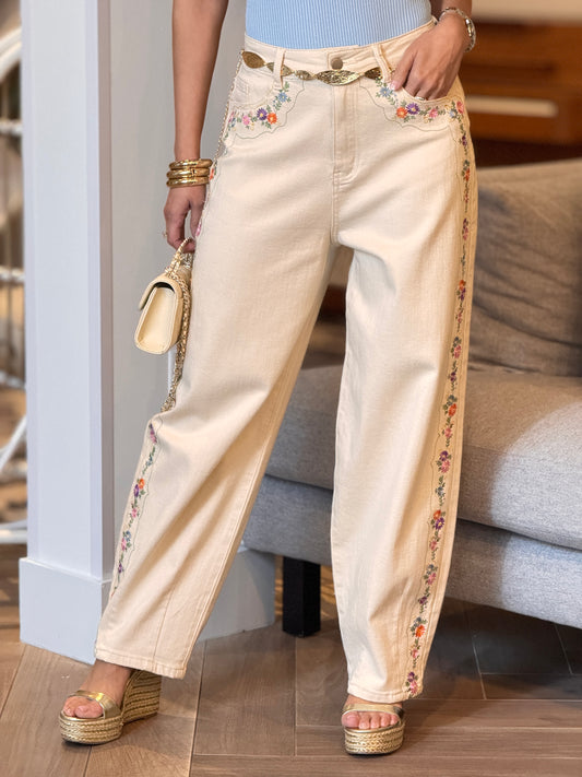 Blueish Beige Floral Embroidery Jeans