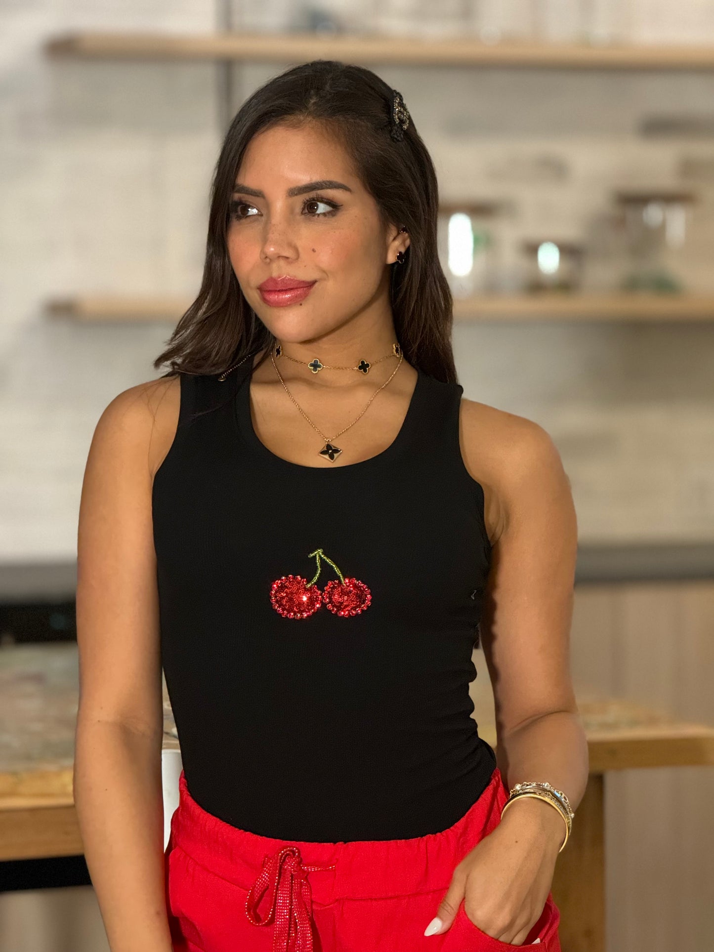 Cherry Black Rhinestone Tank Top