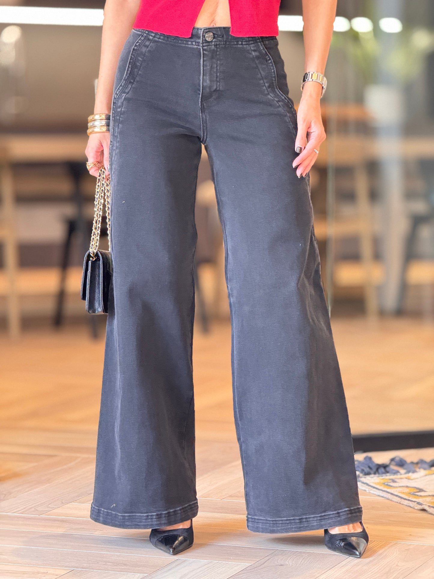 Risen Black Denim Wide Jeans