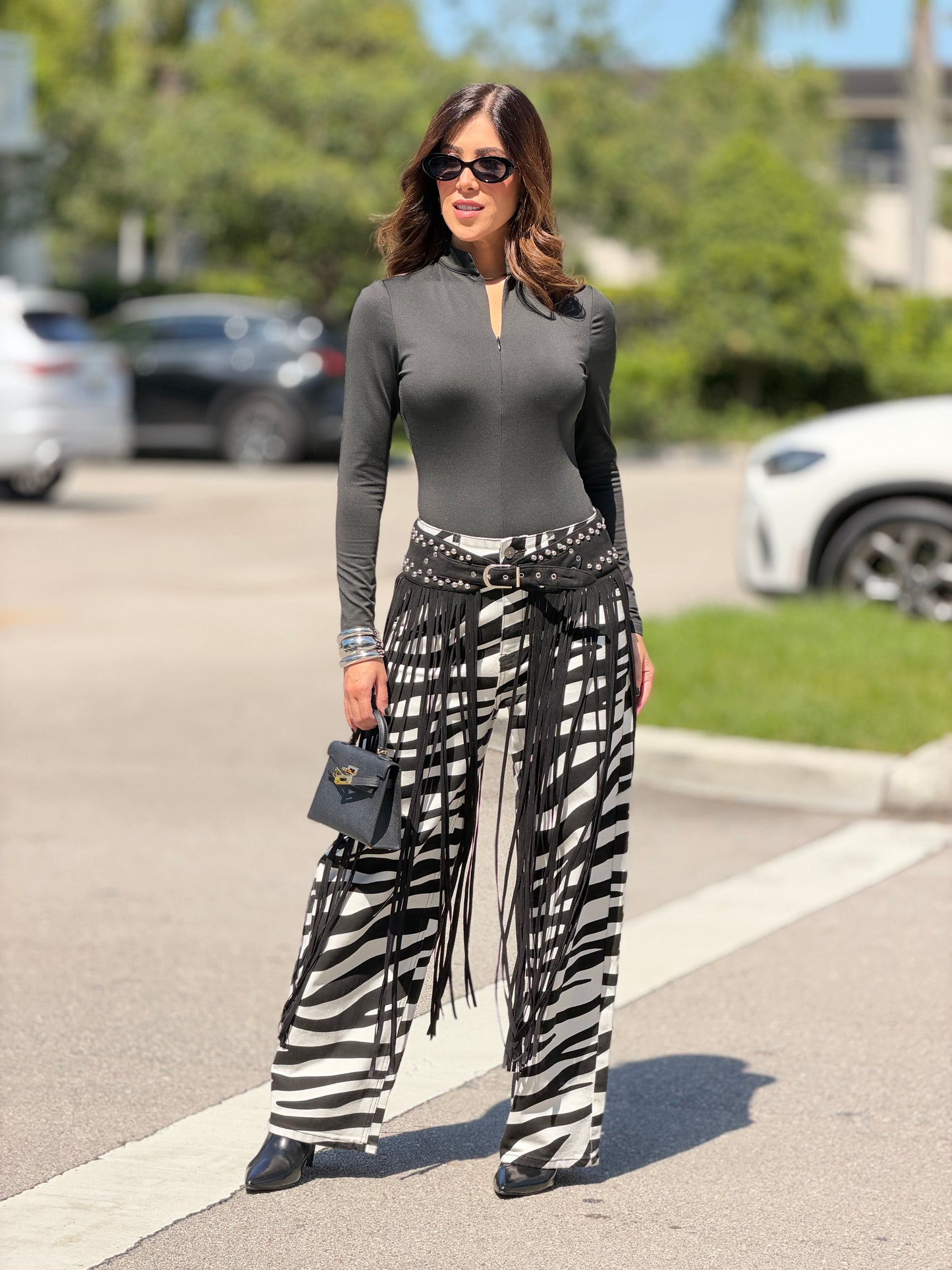 1380 Saint Black Suede Fringe Belt