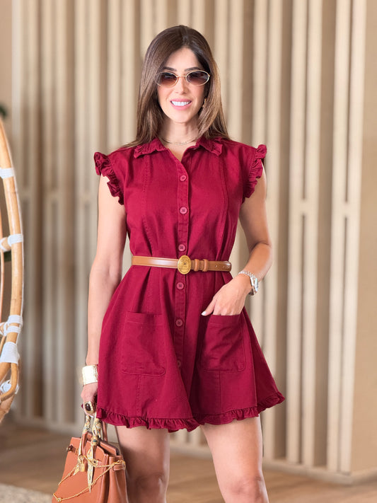 Olivia Burgundy Denim Ruffle Dress