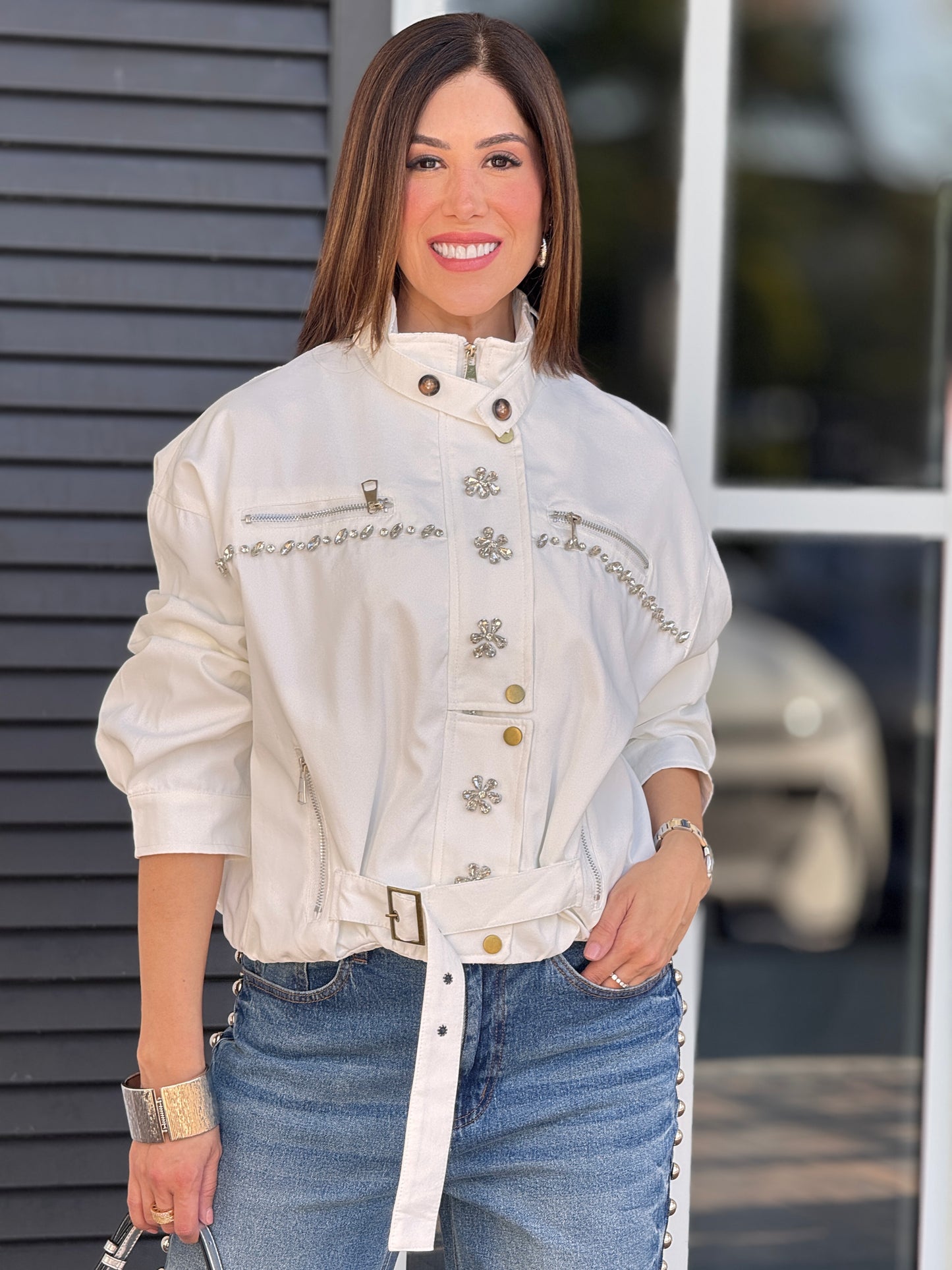 Justy White Rhinestone Jacket Top