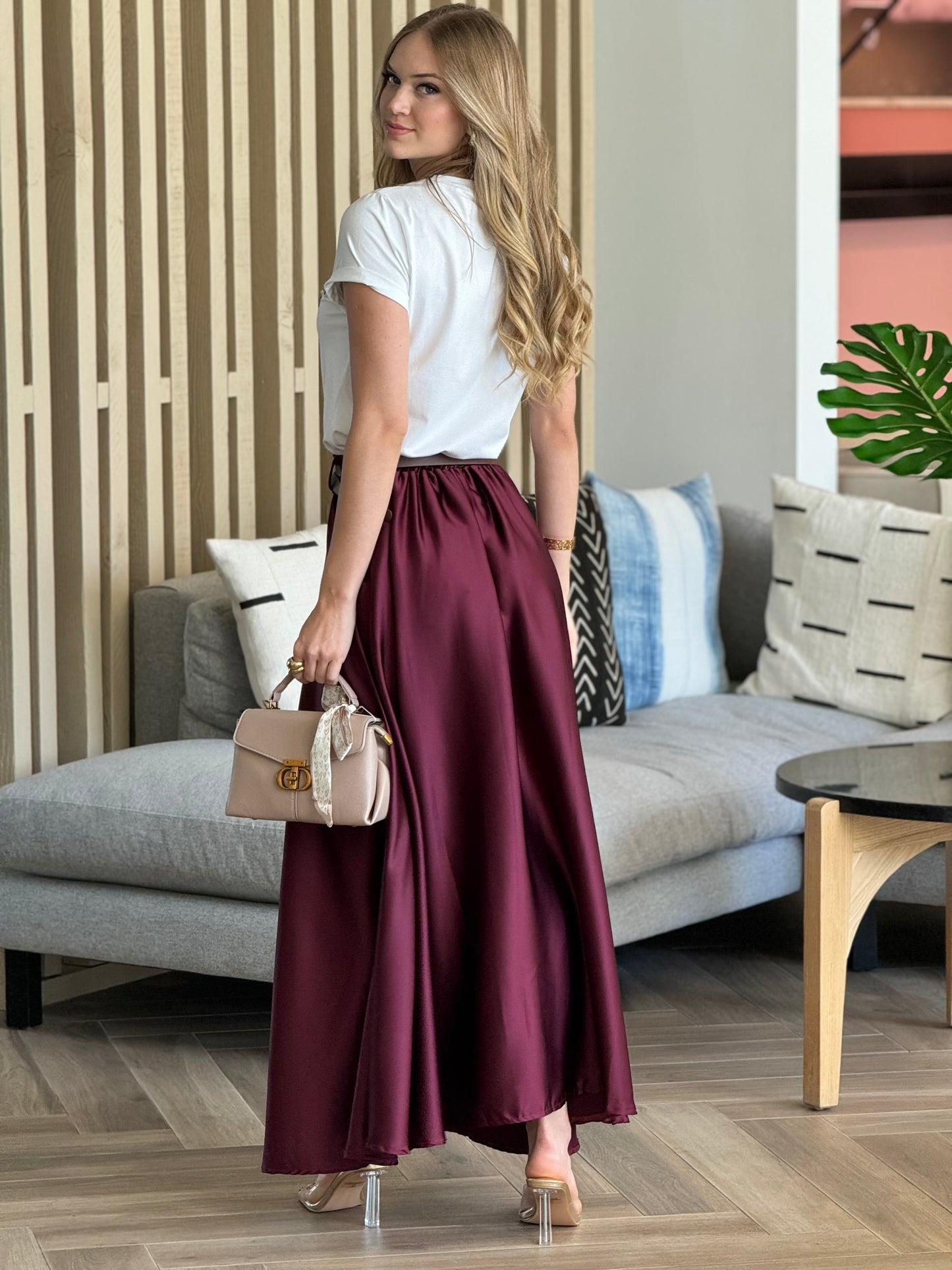 Brianna Burgundy Satin Long Skirt