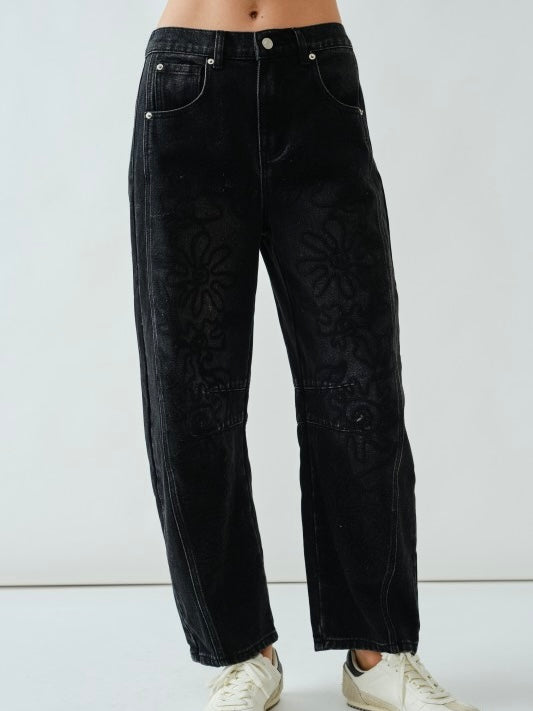 Amber Black Embroidery Barrel Jeans