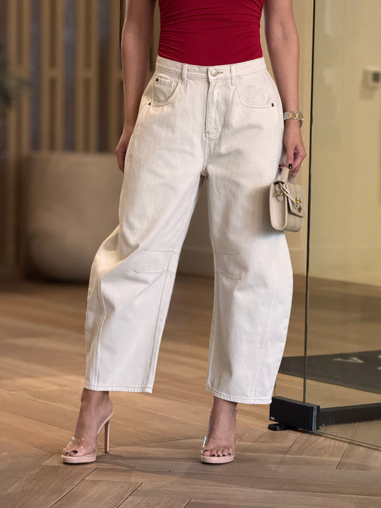 Miou Beige Denim Barrel Jeans