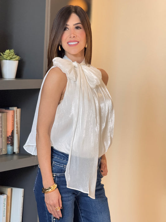 LaMar White Chiffon Bubble Body Top