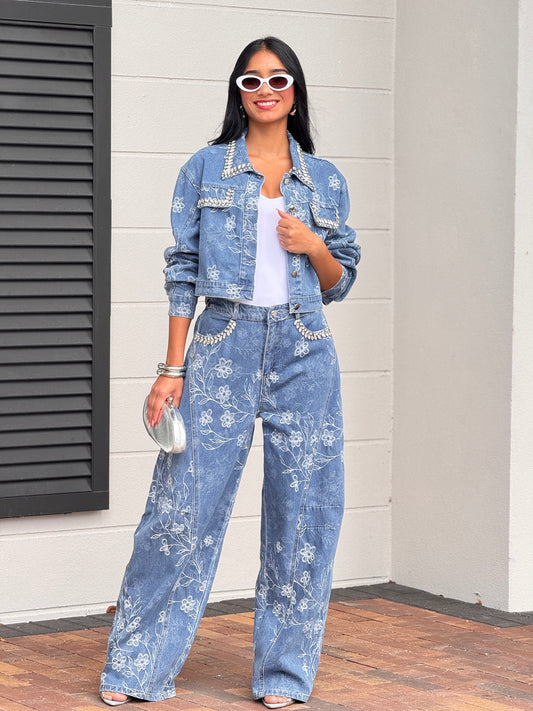 Perky Denim Floral Print Stones Collar Set