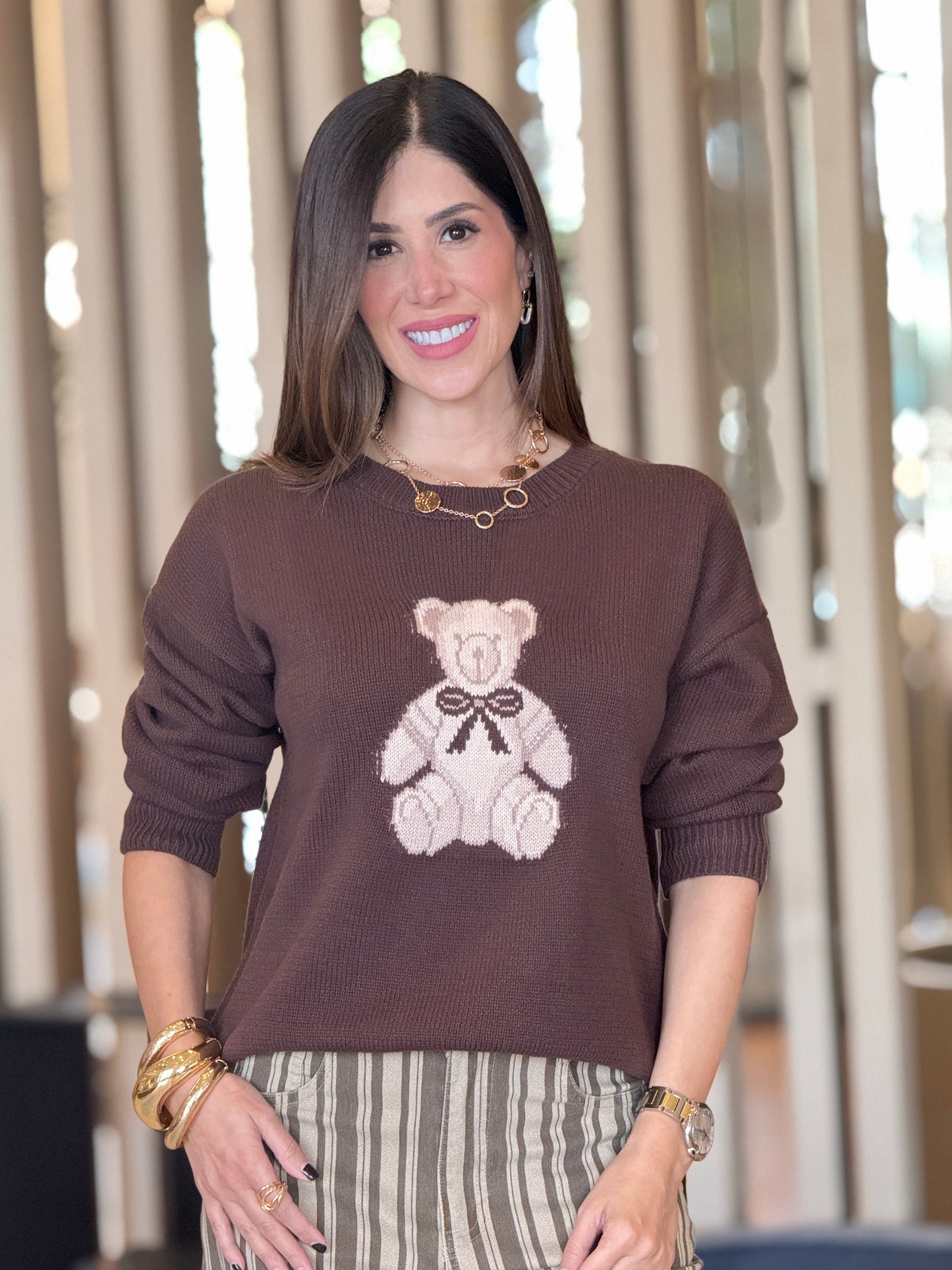 Mine Bear Brown Bow Sweater Top
