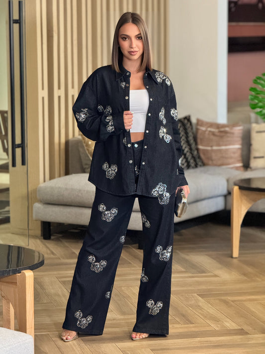Rosita Black Denim Sequin Set