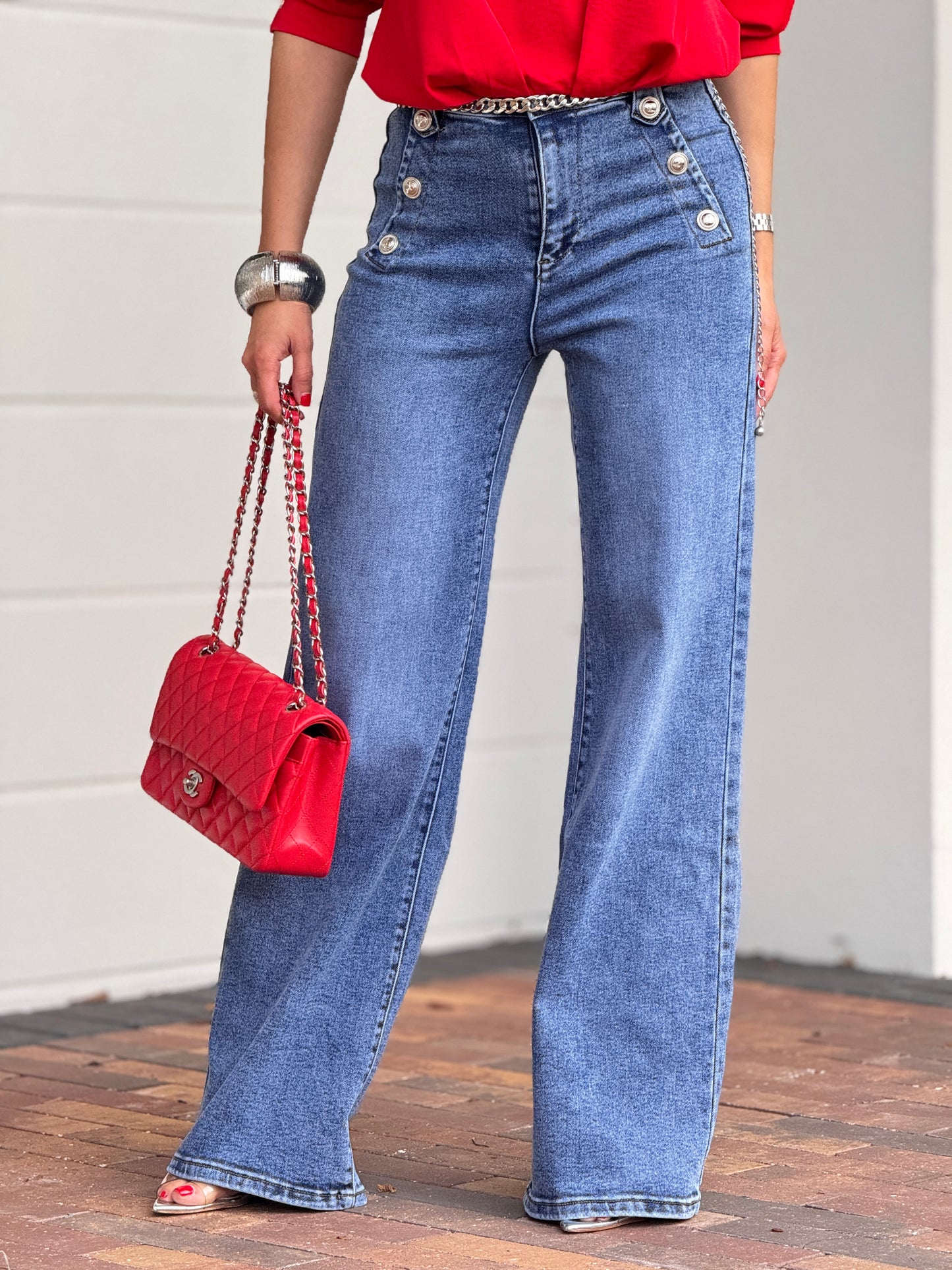 Nina Dark Denim Silver Buttons Jeans