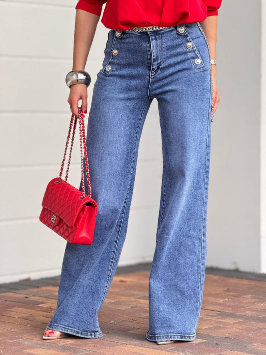 Nina Dark Denim Silver Buttons Jeans