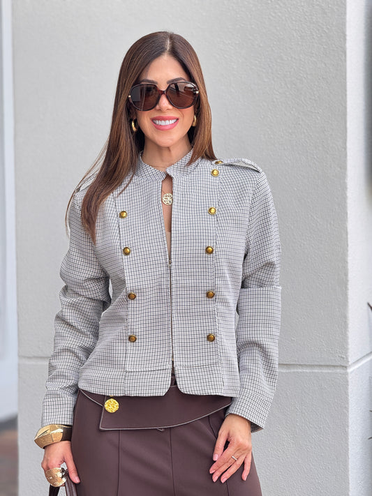 Giomar Beige Vichy Print Blazer Top