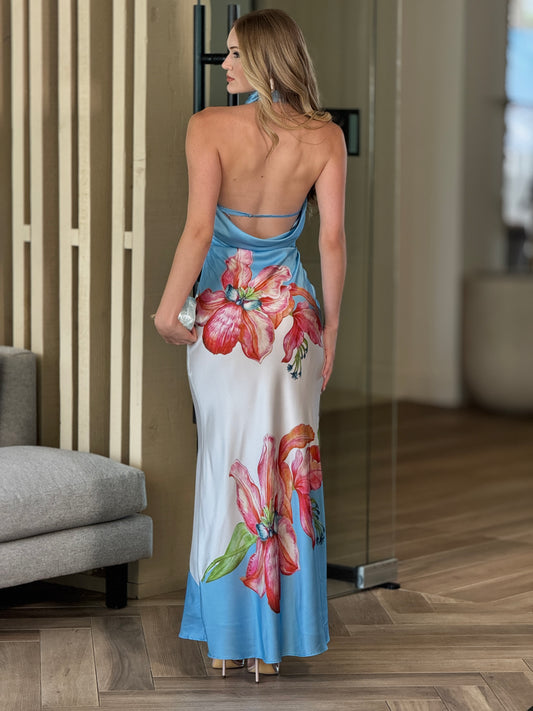 Honolulu Blue Satin Halter Dress