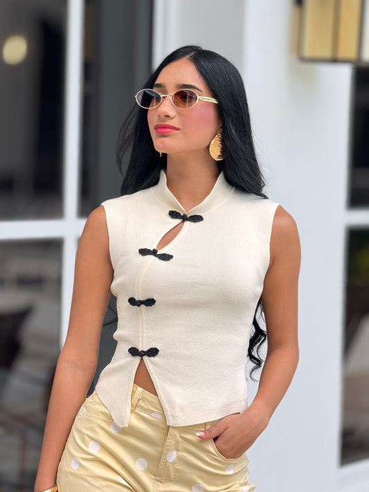 Balbina Ivory/Black Chinese Knit Top