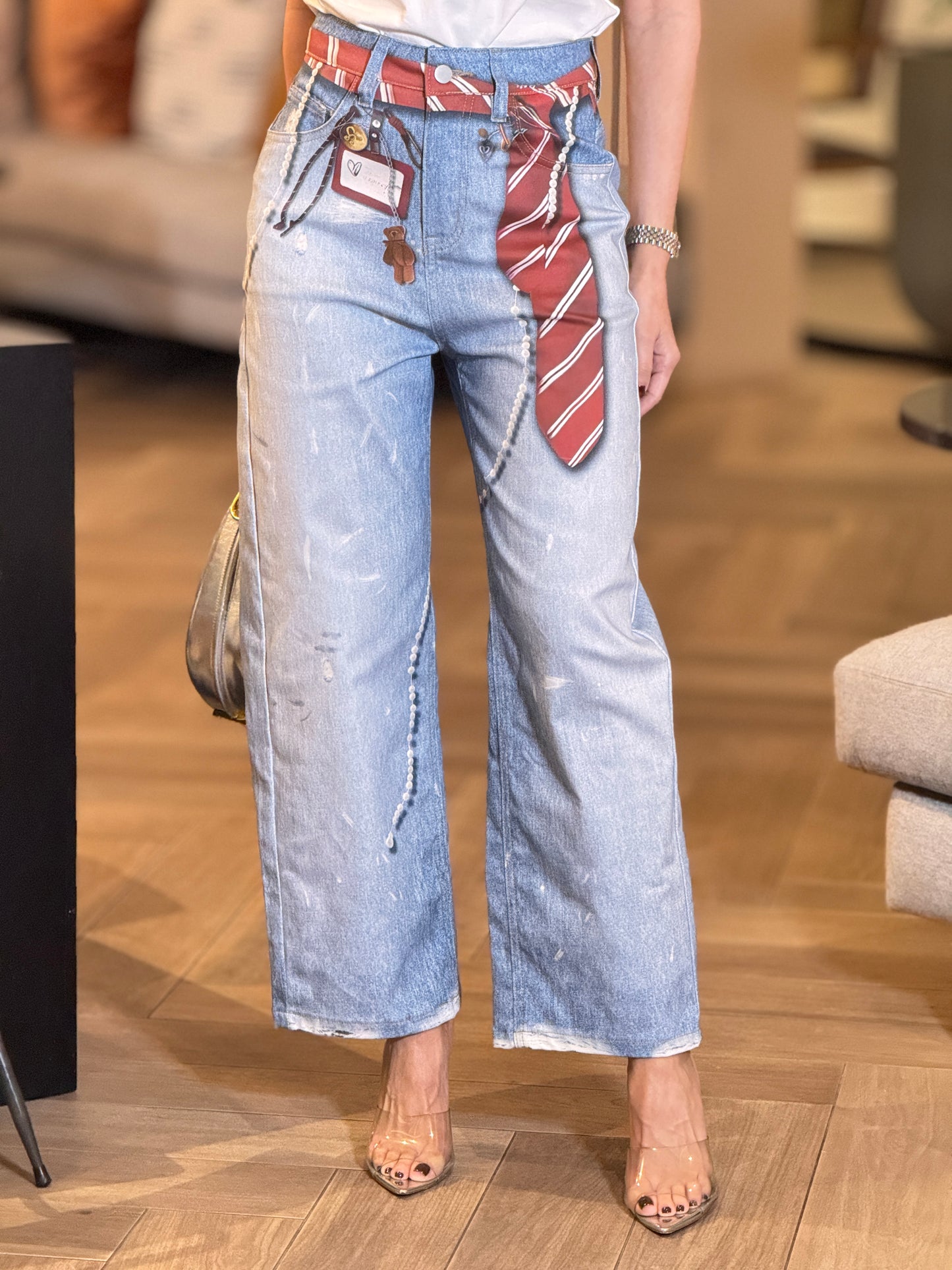 Perky Denim Print Red Tie Jeans