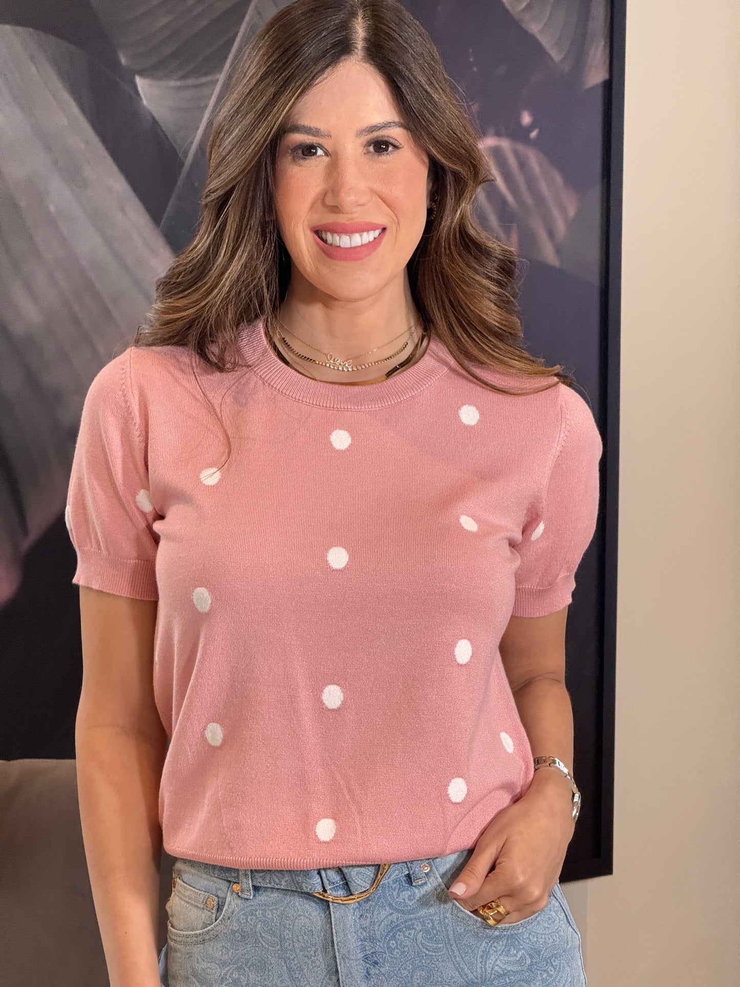 Cielo Pink Polka Dots Knit Top