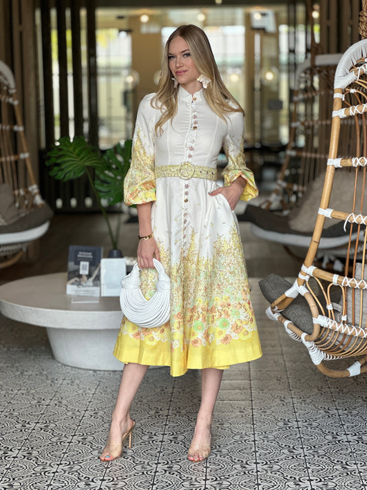 Gardenia Yellow Floral Midi Print Dress