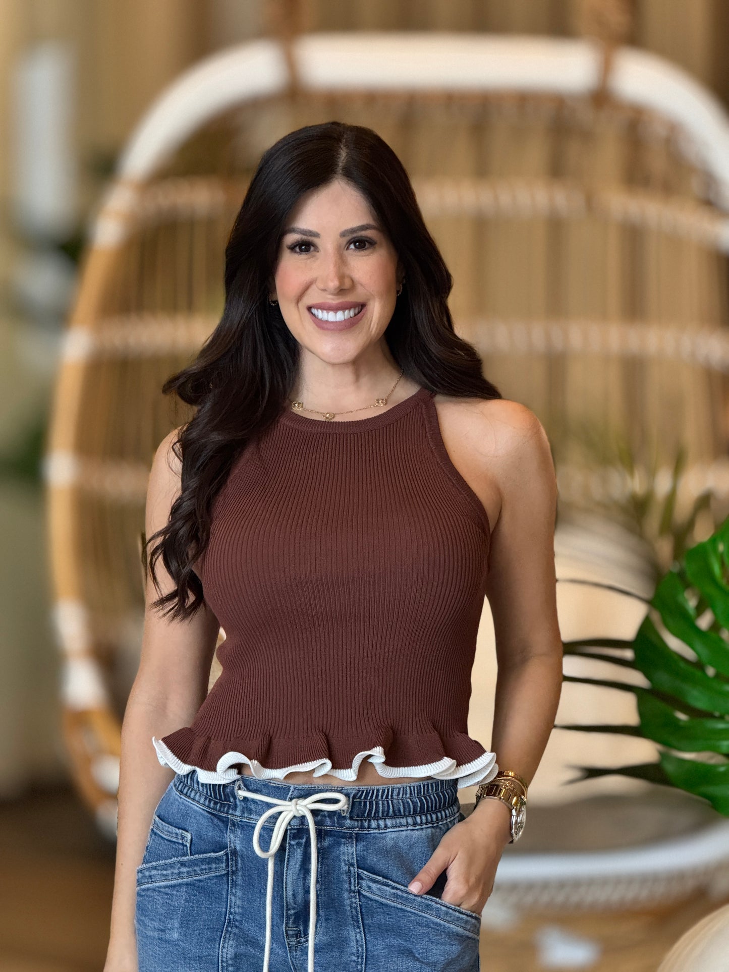 Balbina Brown Knitted Ruffles Top