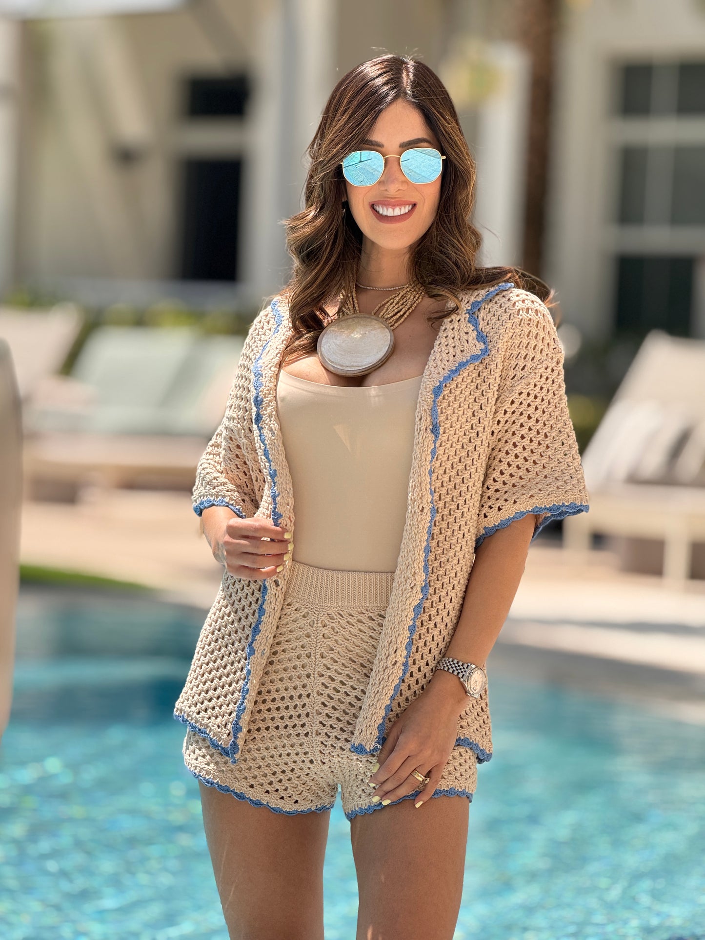 Lumi Beige/Blue Border Knit Short Set