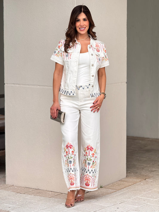 French White Palms Embroidery Jeans