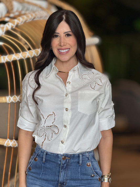 Pastel Flower Linen White Shirt