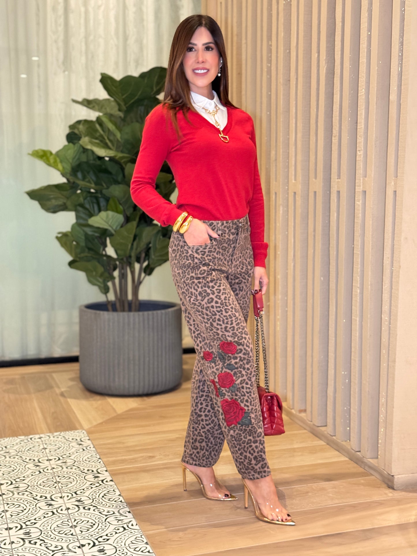 Risen Leopard Roses Barrel Jeans
