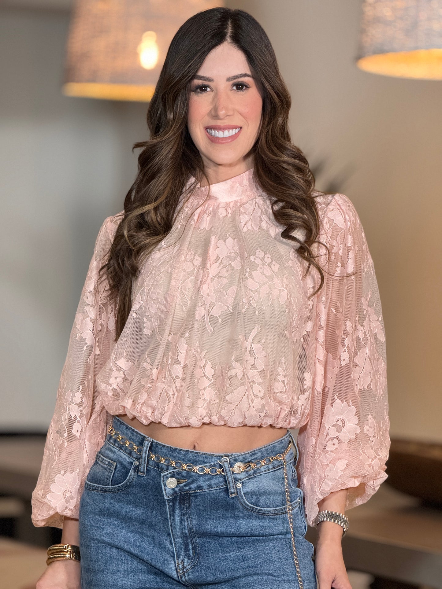 Tonia Pink Lace Cropped Top