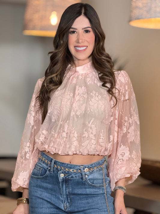 Tonia Pink Lace Cropped Top