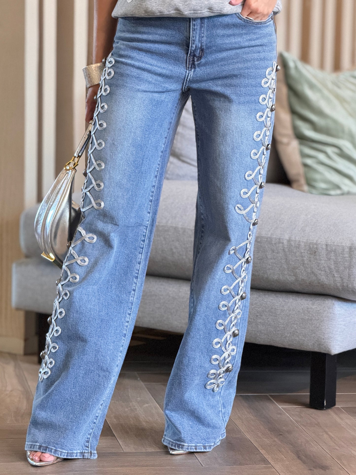 Liz Napoleon Silver Ribbon Jeans