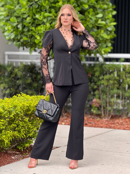 VivaBella Black Lace Sleeves Elegant Set