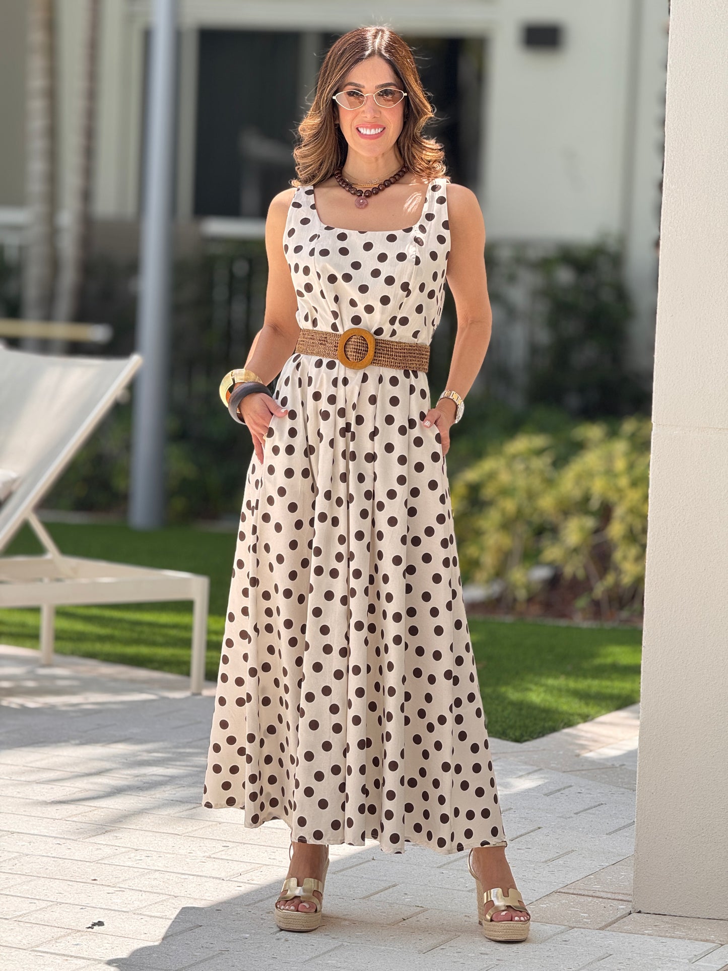 Italy White/Brown Polka Dots Belt Dress
