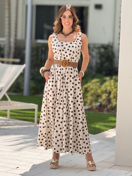 Italy White/Brown Polka Dots Belt Dress